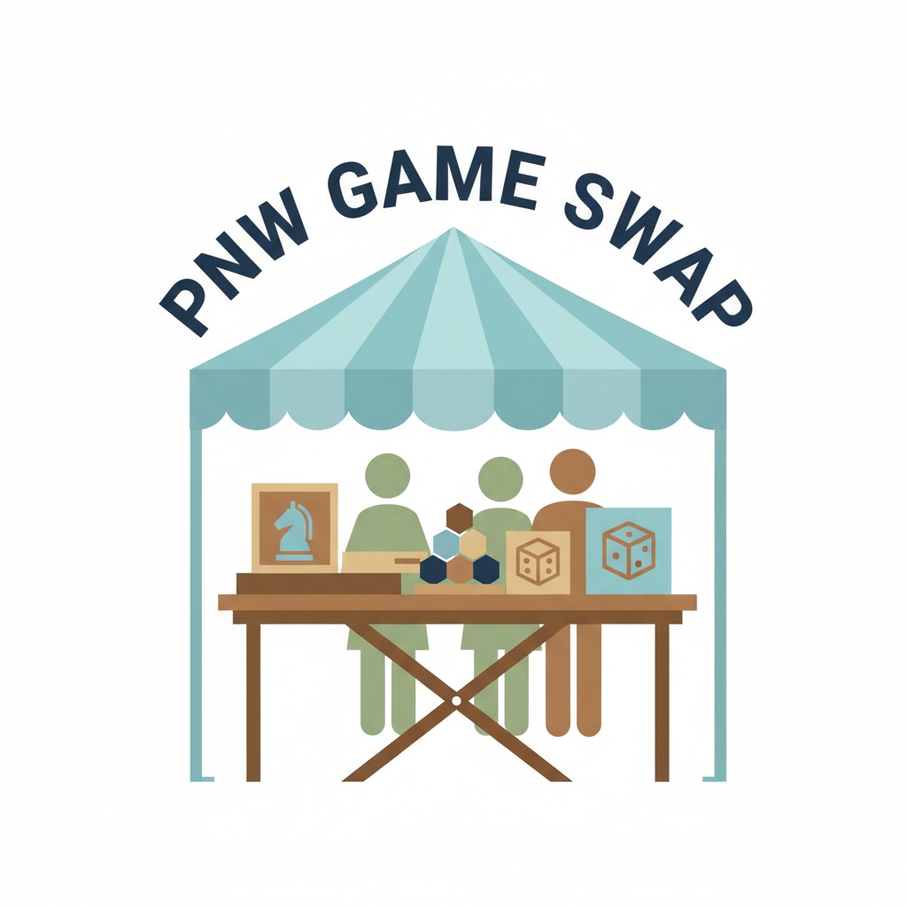 Three people stand behind a table displaying board games under a striped blue tent with the text PNW GAME SWAP arched above.